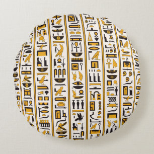 Egyptian hieroglyphs yellow-black colour seamless round cushion