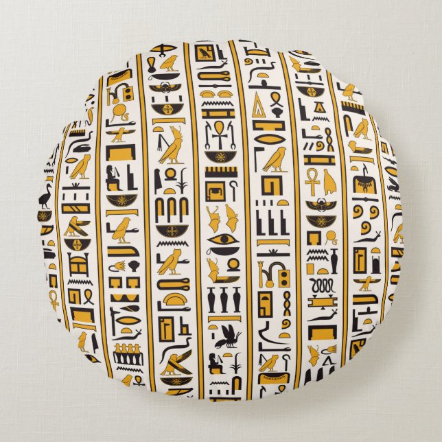 Egyptian hieroglyphs yellow-black colour seamless round cushion (Front)