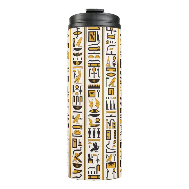 Egyptian hieroglyphs yellow-black colour seamless thermal tumbler (Front)