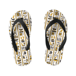 Egyptian Hieroglyphs: Yellow-Black Seamless. Kid's Flip Flops