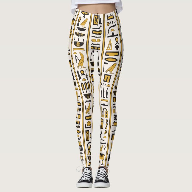 Egyptian Hieroglyphs: Yellow-Black Seamless. Leggings (Front)