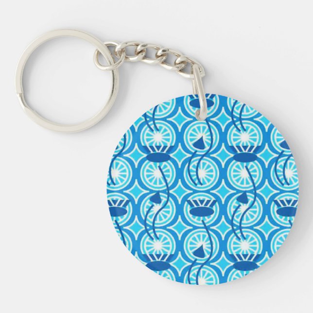 Egyptian Lotus pattern, cobalt and turquoise Key Ring (Front)