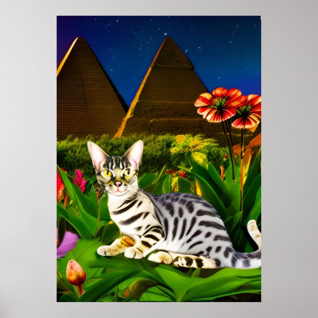 Egyptian Mau Cat in a Midnight Garden   Poster (Front)