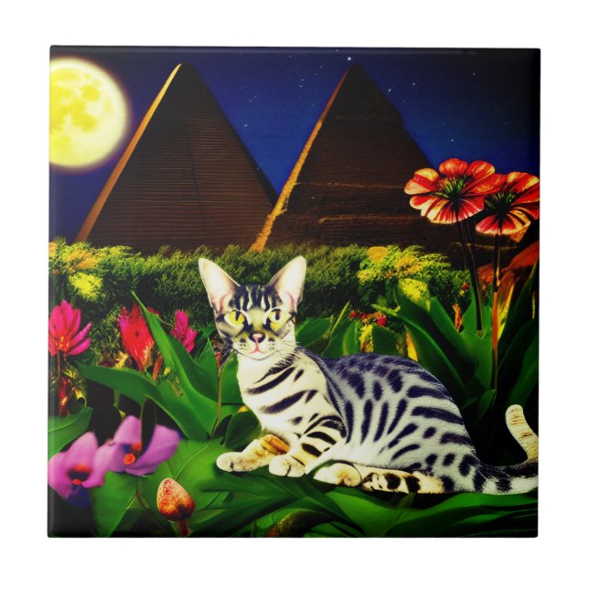 Egyptian Mau Cat in a Midnight Garden   Tile (Front)