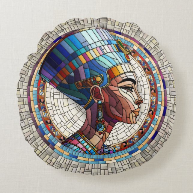 Egyptian Nefertiti -Mosaic Art Round Cushion (Front)