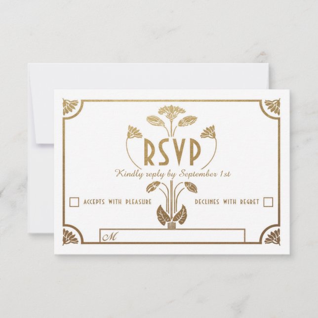 Egyptian Nouveau Wedding RSVP Cards (Gold & White) (Front)