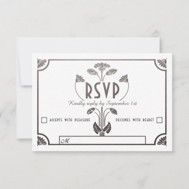 Egyptian Nouveau Wedding RSVP Cards Silver & White (Front)