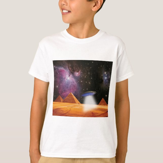 Egyptian Pyramids Giza Meets Space and UFO T-Shirt (Front)