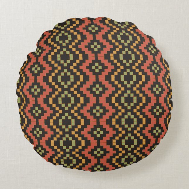 Egyptian Red Black Green Tribal Basket Weave Round Cushion (Front)