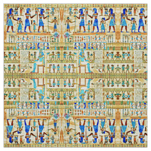 Egyptian Rithual Pattern Blue, Turquoise, Yellow Fabric