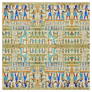 Egyptian Rithual Pattern Blue, Turquoise, Yellow Fabric