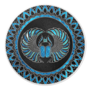Egyptian Scarab Beetle - Gold and Blue glass Ceramic Knob