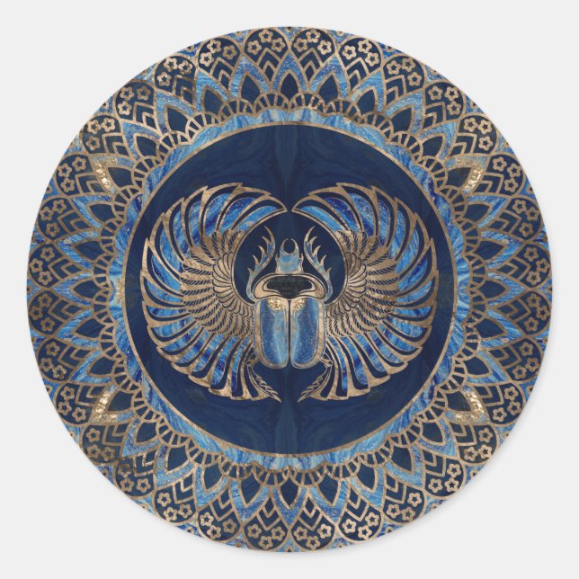 Egyptian Scarab Beetle Gold and Blue marble Classic Round Sticker (Front)