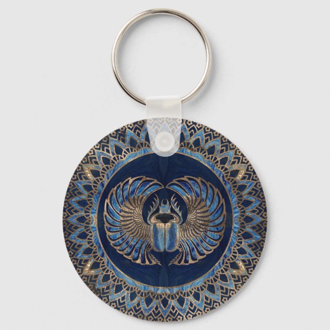 Egyptian Scarab Beetle Gold and Blue marble Key Ring (Front)