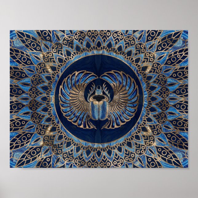 Egyptian Scarab Beetle Gold and Blue marble Poster (Front)