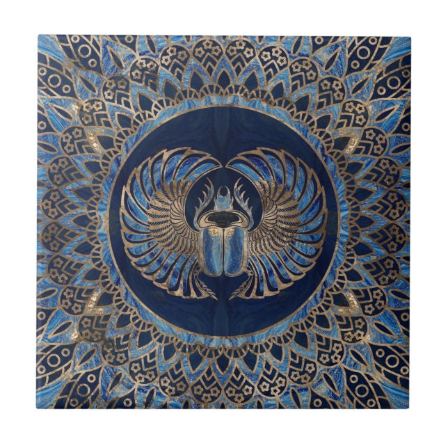 Egyptian Scarab Beetle Gold and Blue marble Tile (Front)