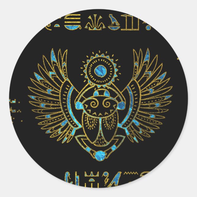 Egyptian Scarab Beetle Gold and blue stained glass Classic Round Sticker (Front)