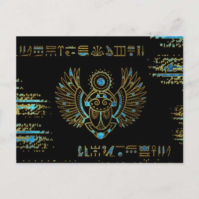 Egyptian Scarab Beetle Gold and blue stained glass Postcard (Front)