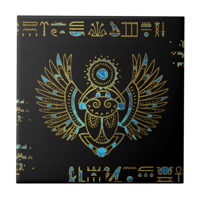 Egyptian Scarab Beetle Gold and blue stained glass Tile (Front)