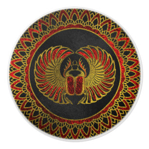 Egyptian Scarab Beetle - Gold and red metallic Ceramic Knob
