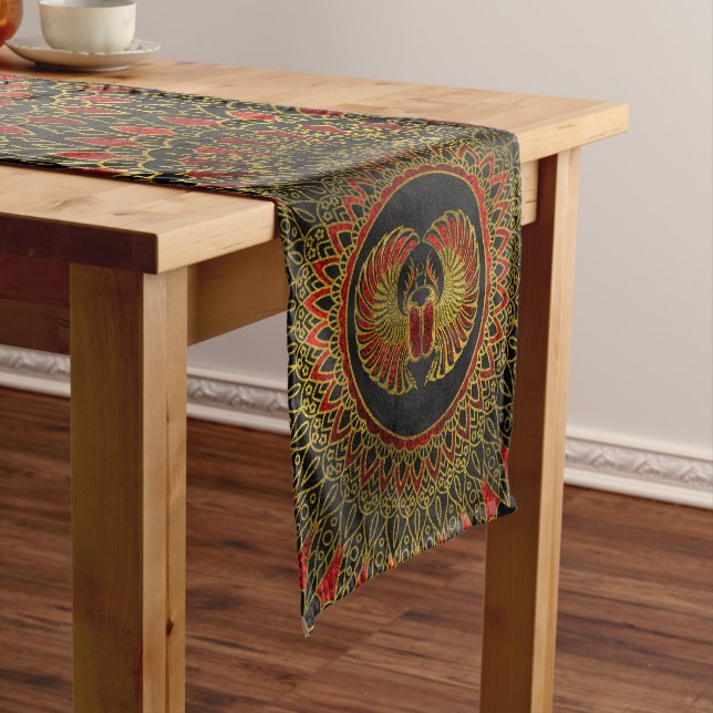 Egyptian Scarab Beetle - Gold and red  metallic Short Table Runner (In Situ)