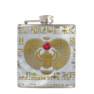 Egyptian Scarab Beetle Gold and Ruby Stone Hip Flask