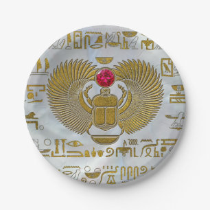 Egyptian Scarab Beetle Gold and Ruby Stone Paper Plate