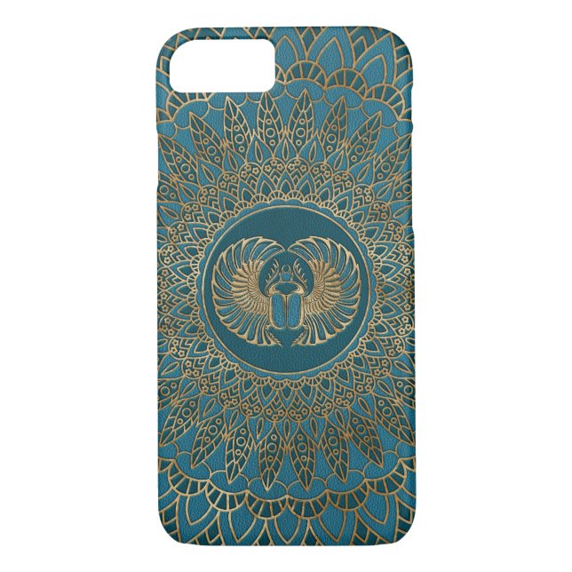 Egyptian Scarab Beetle Gold on Teal Leather Case-Mate iPhone Case (Back)