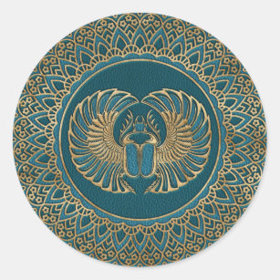 Egyptian Scarab Beetle Gold on Teal Leather Classic Round Sticker