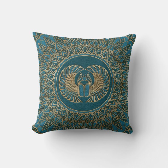 Egyptian Scarab Beetle Gold on Teal Leather Cushion (Front)
