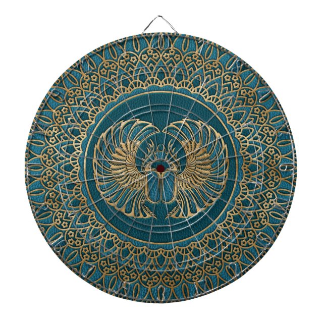 Egyptian Scarab Beetle Gold on Teal Leather Dartboard (Front)