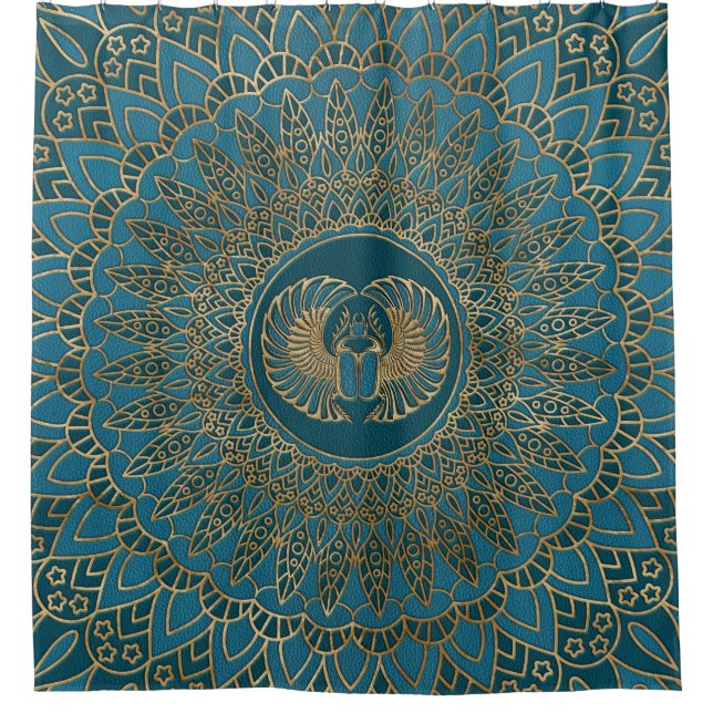 Egyptian Scarab Beetle Gold on Teal Leather Shower Curtain (Front)