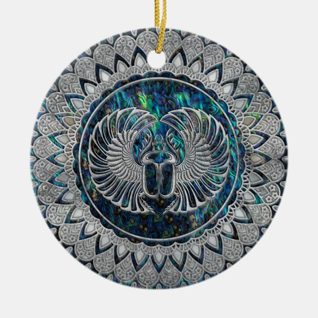 Egyptian Scarab Beetle Silver and Abalone Ceramic Tree Decoration (Front)