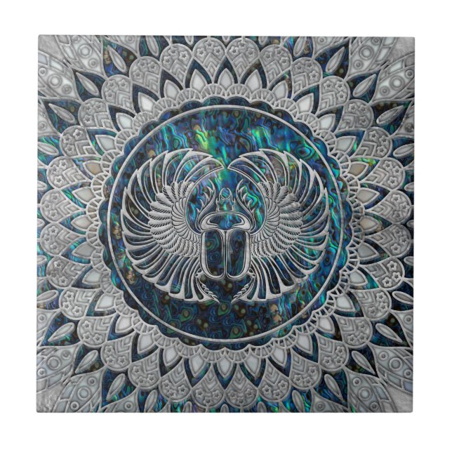 Egyptian Scarab Beetle Silver and Abalone Tile (Front)