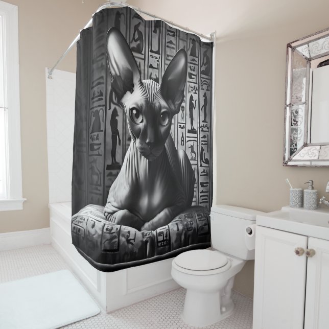 Egyptian Sphynx Cat Art Black White Photo Bathroom Shower Curtain (In Situ)