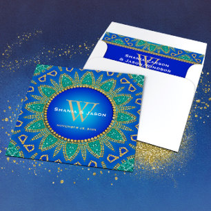 Egyptian Sun Sparkle Teal Gold Monogram Invitation