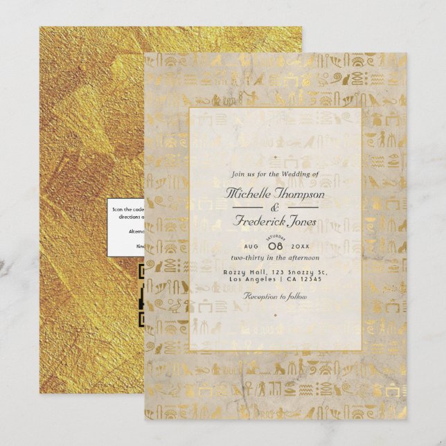 Egyptian Themed QR Code RSVP Wedding Invitation (Front/Back)