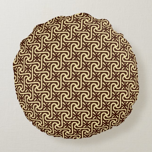 Egyptian tile pattern, chocolate brown and tan round cushion (Back)