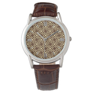 Egyptian tile pattern, chocolate brown and tan watch