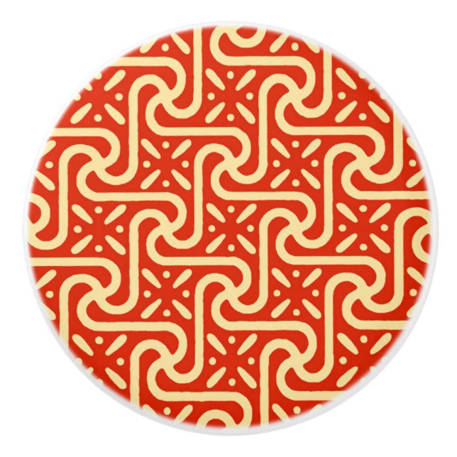 Egyptian tile pattern, coral orange ceramic knob (Front)