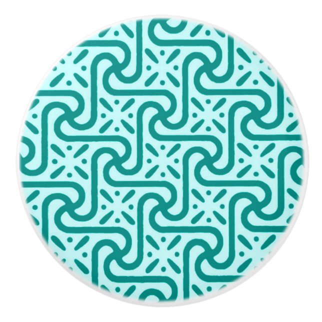 Egyptian tile pattern, turquoise and aqua ceramic knob (Front)