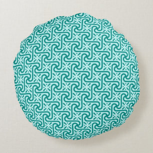 Egyptian tile pattern, turquoise and aqua round cushion