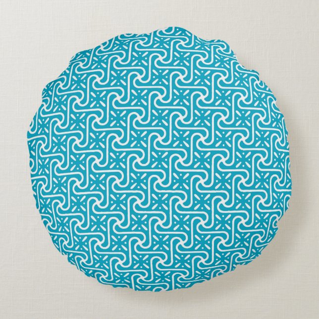Egyptian tile pattern, turquoise and white round cushion (Back)