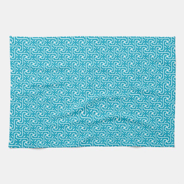 Egyptian tile pattern, turquoise and white tea towel (Horizontal)