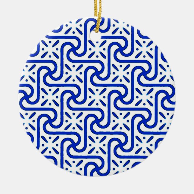 Egyptian tile pattern, white and cobalt blue ceramic tree decoration (Front)