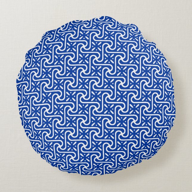 Egyptian tile pattern, white and cobalt blue round cushion (Back)