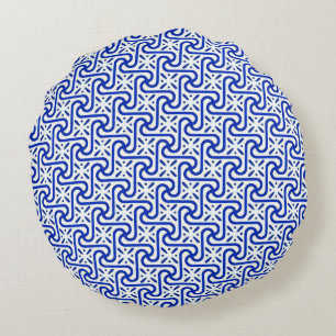 Egyptian tile pattern, white and cobalt blue round cushion