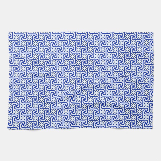 Egyptian tile pattern, white and cobalt blue tea towel (Horizontal)