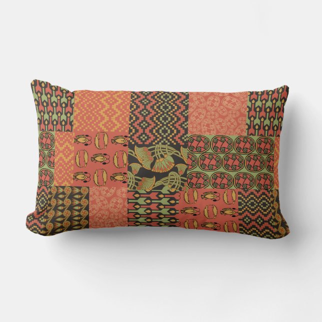 Egyptian Tribal Faux Patchwork in Terracotta Lumbar Cushion (Front)