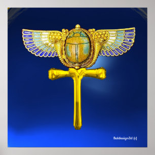 EGYPTIAN WINGED SCARAB ANKH AND CORNUCOPIA  Blue Poster